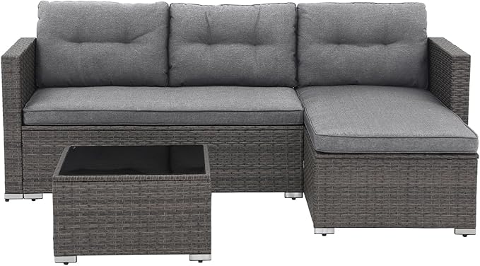 JOIVI 3-Piece Patio Furniture Set, Outdoor Wicker Rattan Sectional Sofa & Patio Couch with Cushions, Tempered Glass Coffee Table, All-Weather Sectional Set for Outdoor Patio, Gray