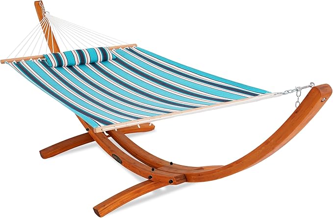 Lazy Daze Hammocks Sunbrella Fabric Hammock with 13FT Wood Arc Stand, 2 Person Outdoor Hammock Combo with Free Pillow, All Weather & Fade Resistant, for Patio Yard, 450 lbs Capacity, Token Surfside
