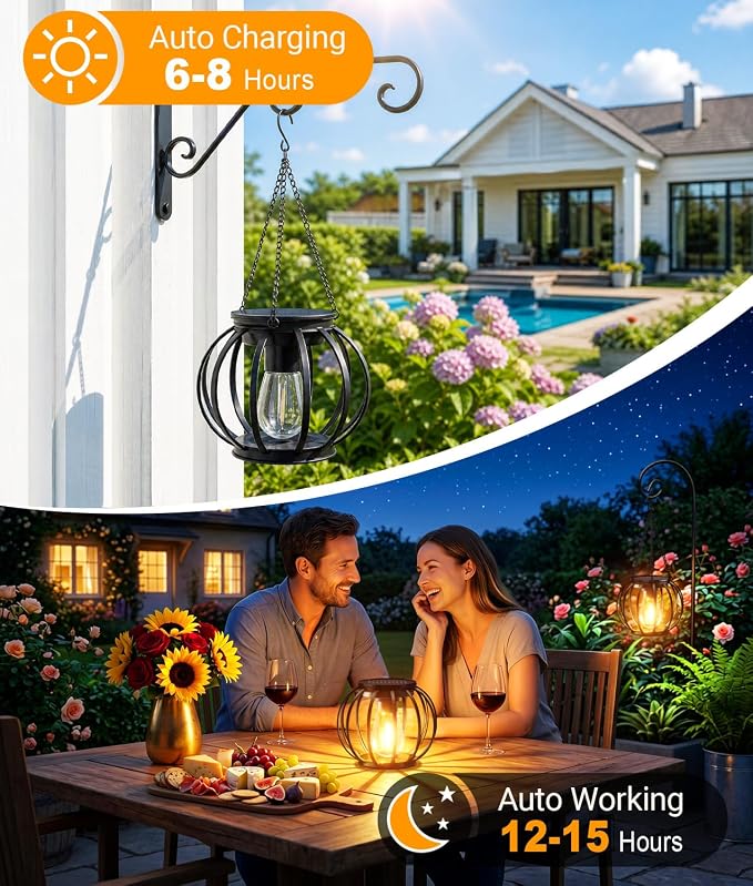 KOOPER Solar Lanterns Outdoor Waterproof, Upgraded Metal Hanging Solar Lights Outdoor Lanterns, Brighter Auto On/Off Outdoor Hanging Lantern for Yard Patio Pathway Porch Garden Decor 2 Pack