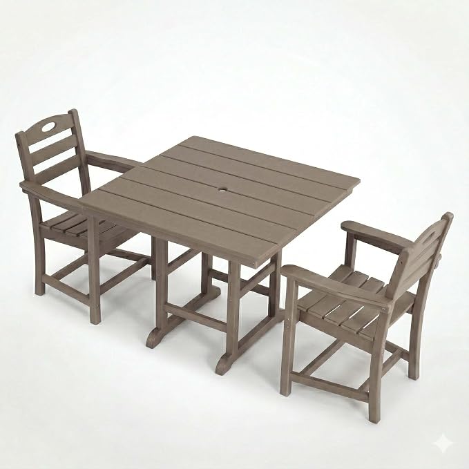 WILLIAMSPACE 37.8" Outdoor Patio Dining Set with 2 Armchairs, All Weather HDPE Square Dining Table with Umbrella Hole, Patio 3-Piece Bistro Set for Backyard, Balcony, Lawn, Kitchen (Brown)