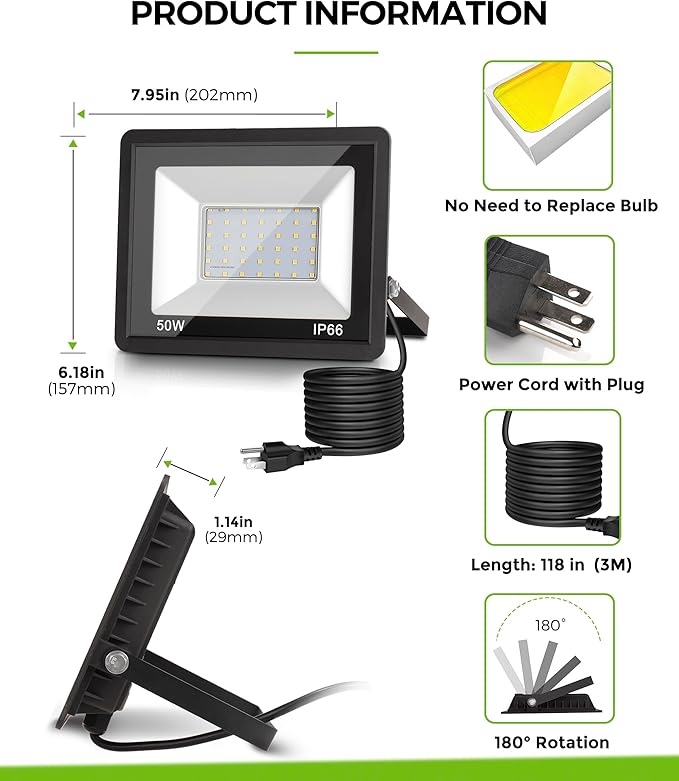 L LOHAS LED Dusk to Dawn Floodlight Outdoor, 50W Auto On/Off 6000K Daylight Plug in Flood Lights, IP66 Waterproof Work Light, 2300LM Security Lights for Yard, Garage, UL Listed, 2Pack