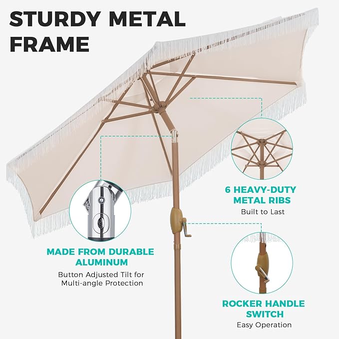 7.5ft Fringe Umbrella,Outdoor Market Umbrella with Push Button Tilt and Crack for Garden, Pool, Deck, Bistro, Beige