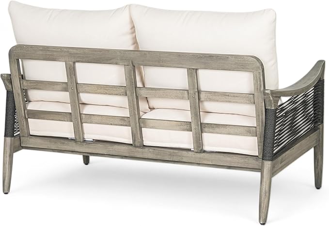 Christopher Knight Home Havets 2 Piece Patio Conversation Sets, Outdoor Acacia Wood Patio Seating Group,Woven Rope Loveseat with Cushions and Coffee Table for Porch Garden Backyard Balcony, Gray+Beige