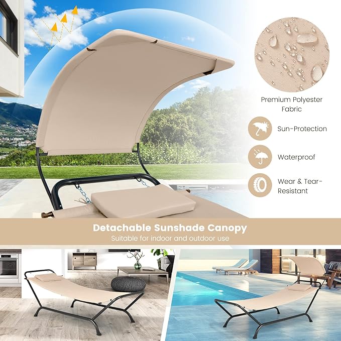 Nightcore Outdoor Canopy Hammock Swing Chair, Cushioned Patio Hanging Chaise Lounge w/Pillow & Storage Bag, Metal Swing Hammock Bed w/Stand for Garden, Lawn, Backyard (Beige)