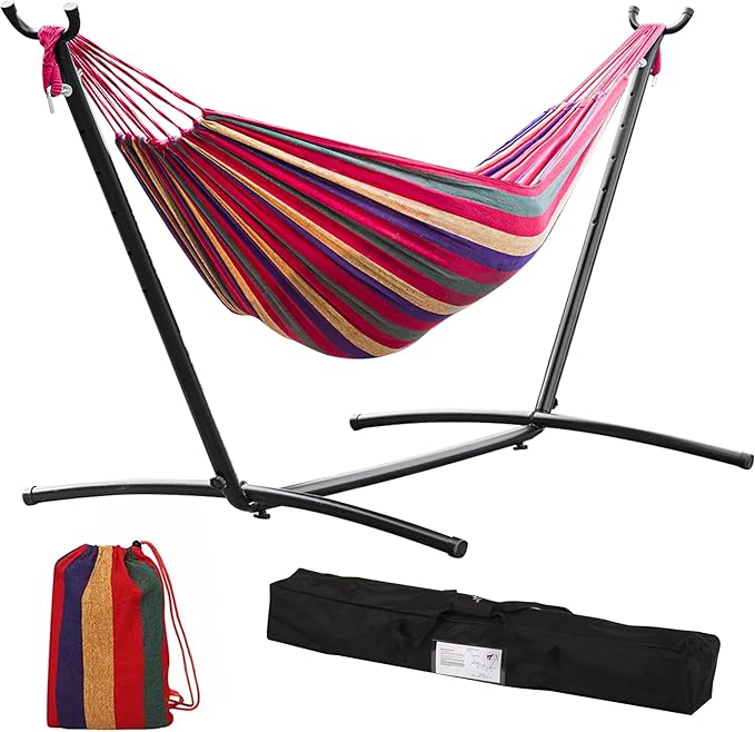 Camping Hammock with Stand - Heavy Duty 400lb Portable Outdoor Double Hammock Set with Carry Bag, Space Saving No Trees Needed 2 Person Hammock for Backyard, Beach, Deck (Red)