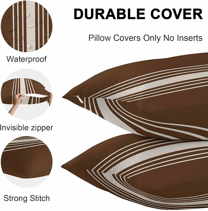 Vandarllin Outdoor Throw Pillows Covers 18x18 inch Set of 2 Waterproof Brown Vertical Stripes Decorative Zippered Cushion Covers for Patio Furniture, Classic Striped Linen Lumbar Pillowcases