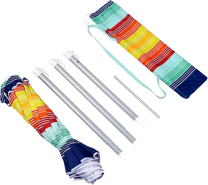 6.5ft folded Portable beach umbrella with sand anchor windproof, Push Button Tilt and Air vent UPF 50+ Protection Fits in a large Suitcase for Patio Garden Beach Pool Backyard, Warm color Stripe CA-1901