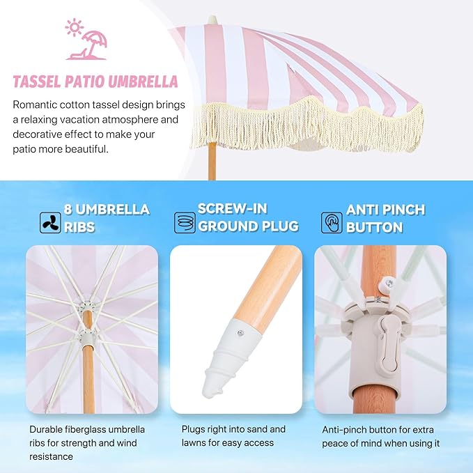 6ft Outdoor Boho Umbrella With Tassels Pink And White Striped Patio Umbrella UPF 50+ Protection Beach Umbrellas For Sand 8 Ribs Fringe Umbrella With Tilt Market Table Umbrella for Pool Backyard