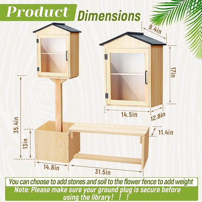 Wonderjune 3-in-1 Little Library Box Outdoor with Bench & Planter DIY Paintable Lending Free Library Pine Wood Neighborhood Share Box Ground Mount Kit for Yard Garden Community School(Wood)