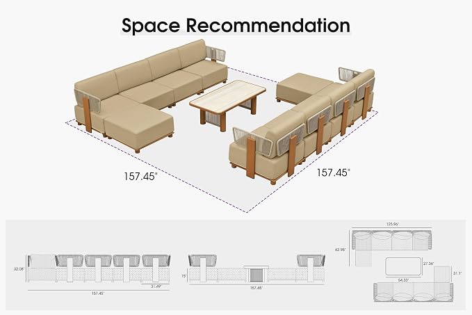 PURPLE LEAF Patio Furniture Set Modular L-Shaped Outdoor Sectional Sofa with 11" Thick Olefin Cushion 11-Piece Outdoor Conversation Set with Ottomans & Table for Backyard Garden Poolside, Beige