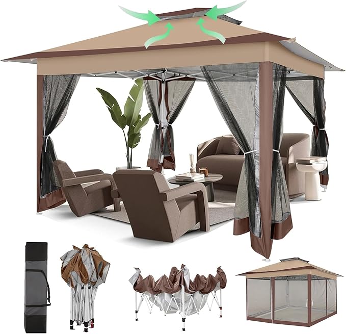 Hoteel 12x12 Pop Up Gazebos On Clearance - Upgrade Easy Up Metal Outdoor Gazebo Waterproof - Portable Gazebo with Mosquito Nettings