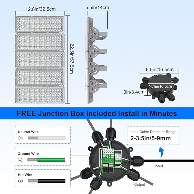 Kekeou 500W LED Stadium Lights 70000LM LED Flood Light Outdoor, 6500K Daylight Super Bright Arena Light, IP67 Waterproof Field Lights 180° Adjustable Angle for Sport, Parking Lot and Courts