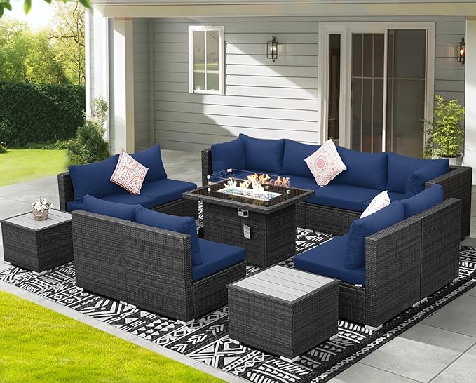 NICESOUL 13 Piece Outdoor Sectional Furniture with Firepit, Contemporary Back Yard Fireplace w/Seating Area, Plus Size 29.3'' High Back Patio Set, All-Weather Wicker Couch for Exterior, Gray & Blue
