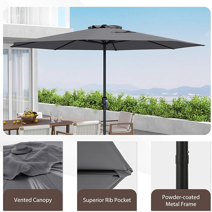 HAPPYGRILL 12 FT Patio Umbrella with Crank Handle, Outdoor Market Umbrella with 8 Sturdy Ribs, Vented Large Table Umbrella, Sun-Protective Canopy for Garden Backyard Deck Pool