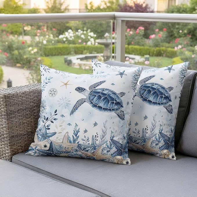 Pack of 2 Blue Turtle Coastal Outdoor Pillow Covers Decorative, Beach Starfish Waterproof Pillow Protector, Nautical Coral Botanical Throw Pillowcases Accent Cushion Cases for Patio Couch Sofa 18"x18"
