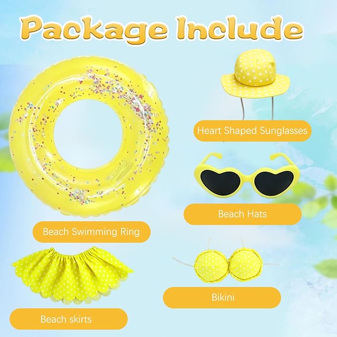 Hawaiian Porch Goose Outfit, Summer Bikini Costume with Sunglasses & Wreath, Fits 23" Goose Statue, Garden Lawn Patio Yard Outdoor Decoration (Yellow)