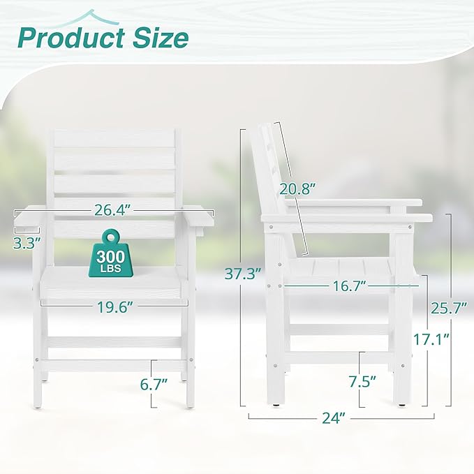 Patio Dining Chairs Set of 2, HDPS Weather Resistant Outdoor Chairs with Armrest, Heavy Duty 300LBS Support Patio Chairs for Backyard Deck Porch Balcony, White