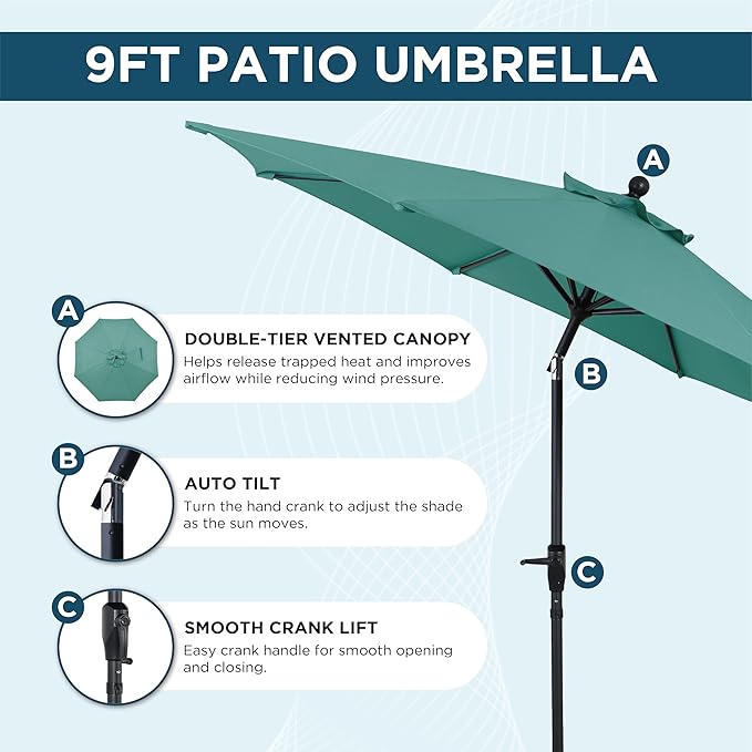 9FT Outdoor Patio Umbrella with Crank Lift & Auto Tilt - Market Umbrella, 8 Heavy-Duty Ribs, UV Resistant & Water-Repellent for Garden, Deck, Poolside & Backyard