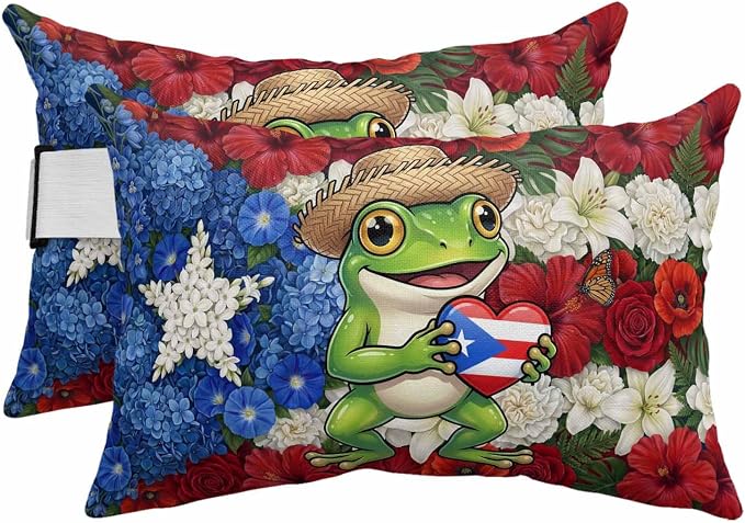 Outdoor Chair Pillow Headrest for Patio Pool Chaise Lounge, Funny Frog Recliner Head Pillow, Farmhouse Red Blue Floral Puerto Rico Flag Waterproof Pillowcases Neck Lumbar Pillows & Insert 12x20x2pcs