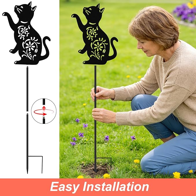 VOOKRY Solar Watering Can Lights Outdoor with Cat Silhouette Stake, Garden Gifts for Mom, Women & Garden Lovers Waterproof Metal Garden Lantern, Decorative Yard Patio Lawn Pathway Decor(1 Pack)