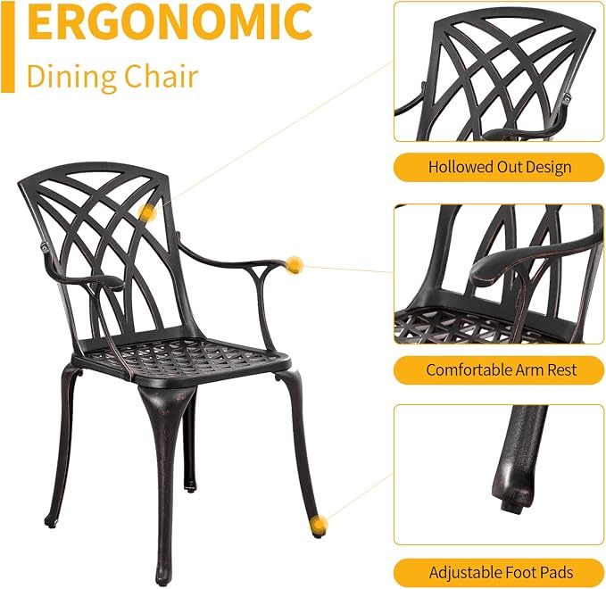 5 Pieces Outdoor Patio Dining Set, Cast Aluminium Patio Furniture Set with 4 Chairs Round Table, Anti Rust Outdoor Dining Set with 1.97" Umbrella Hole for Garden, Porch and Poolside, Bronze