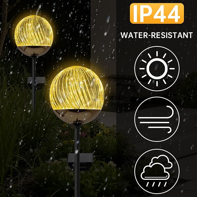 Solar Globe Stake Lights - Outdoor Acrylic Ball Garden Lights with 20 LED, IP44 Waterproof, Auto On/Off, Metal Stake with h-Shaped Ground Spike for Yard, Pathway, Patio Decor (Black stake , 2 pack)