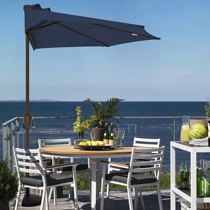 JEAREY 9ft Half Umbrella Outdoor Patio Umbrella Market Umbrella with Crank, 1/2 Round Wall Umbrella 5 Sturdy Ribs UV Protection for Pool Garden Balcony Deck, Dark Blue