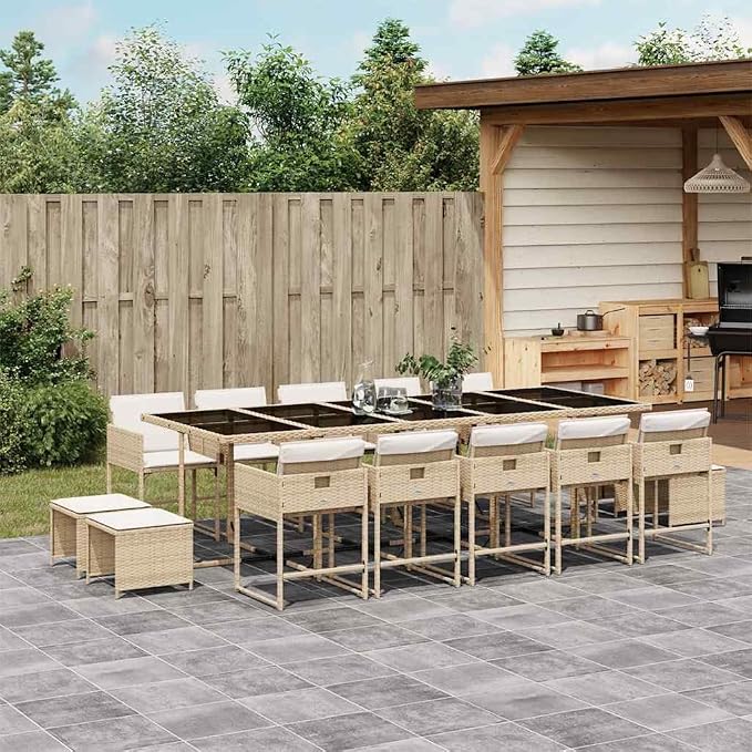 15 Piece Patio Dining Set with Cushions Beige Poly Rattan Outdoor Furniture Table and 10 Chairs with Folding Backrest for Garden Backyard Poolside Dining, UV-Proof, 242.5 lb Capacity