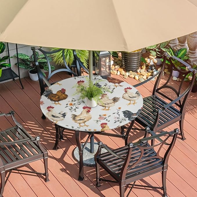 OSAM SPACE Outdoor Tablecloth with Umbrella Hole, Round Elastic Fitted Table Cloth with Invisible Zipper,Farmhouse Rooster Picnic Patio Table Cover 36-44in