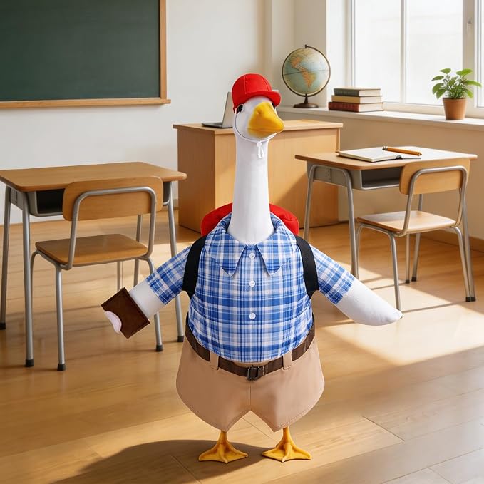 Celltestria Back to School Goose Outfits Porch Goose Costume with Schoolbag Book Blue Grid Goose Clothes for 23" Geese School Outdoor Patio Yard Lawn Garden Art Decoration