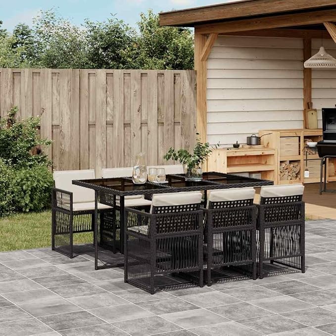 7 Piece Patio Dining Set with Cushions Black Poly Rattan Outdoor Table and 6 Chairs for Garden Backyard Deck Dining Entertainment Tempered Glass Top Foldable Space Saving UV Proof 242.5 lb Capacity