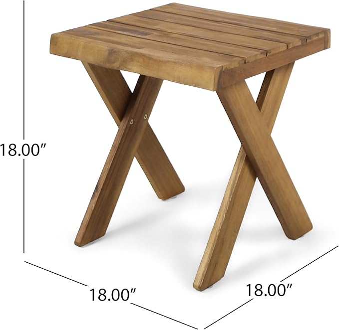 IRONORA Natural Acacia Wood Outdoor Side Table, Square Slatted Top Patio End Table with X-Shaped Legs, Weathered Teak Finish for Backyard Garden Balcony