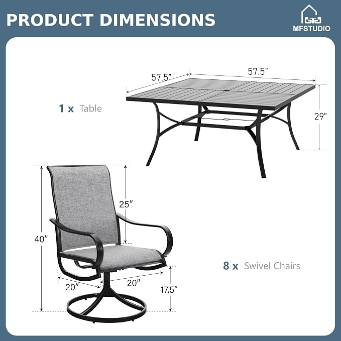 MFSTUDIO Outdoor Dining Set for 8, Patio Table and Chairs Set with Umbrella Hole, 9 Piece Outdoor Patio Furniture Set for Deck/Backyard/Poolside/Garden