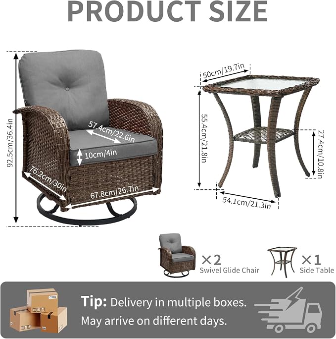 SHGJ&SOFT All Weather Patio Furniture Set, High Back Swivel Rocker Glider Chairs，Ottomans & Glass Tables, Outdoor Conversation Set for Deck Porch Yard Poolside (Grey, 3PCS-Swivle Chairs&Table)