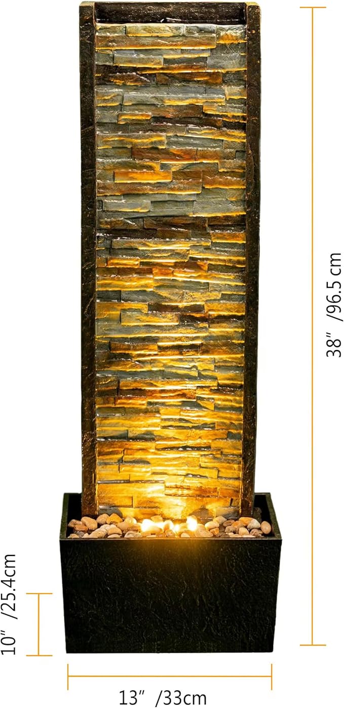 38 inches Tall Waterfall Feature Indoor&Outdoor:Illuminated Stone Cascade Water Fountain,Provide Elegant Water Feature with LED Lights to Decor Your Office,Livingroom,Bedroom,Garden