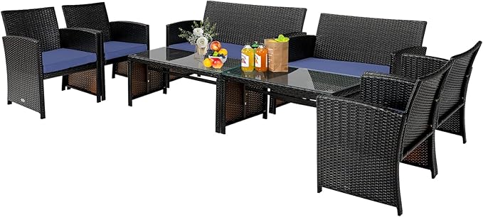 COSTWAY 8 Piece Patio Furniture Set, Outdoor PE Rattan Wicker Sectional Sofa with Cushion and Coffee Table, Patio Conversation Sets for Balcony Lawn Porch Patio Backyard Garden Poolside, Navy