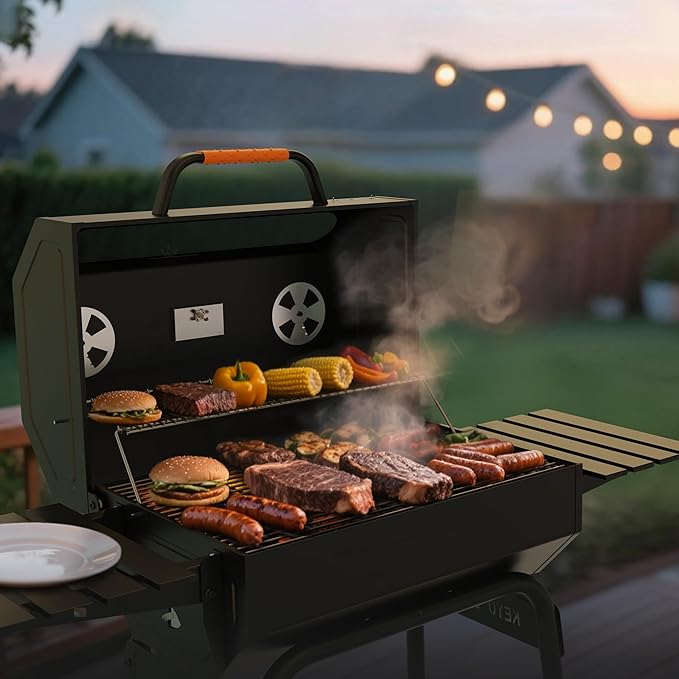 KEYO GRILL 23-Inch Movable Charcoal Grill, High Temperature Resistant Glass Barrel Charcoal Grills with Adjustable Vents, Warming Rack Outdoor BBQ Grills for Backyard, Patio and Parties, Black