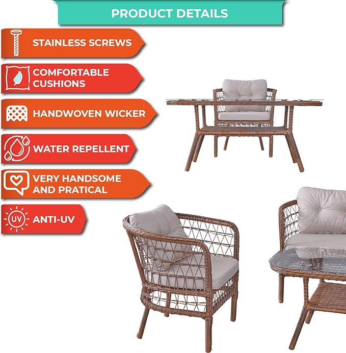 Angora Tea Set Rattan Outdoor Furniture Set – Stylish Garden and Patio Set with Table, Double Chair, and 2 Single Armchairs, Conversation Sets Best for Yard, Pool or Backyard, Brown