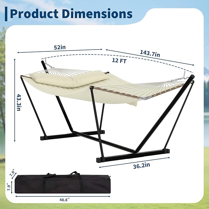 Double Hammocks with Stand for Outside, Heavy Duty Portable Outdoor Hammock with Carrying Bag & Soft Pillow & Paded, 450 LBS Weight Capacity, Perfect for Outdoor Indoor Patio Backyard Garden