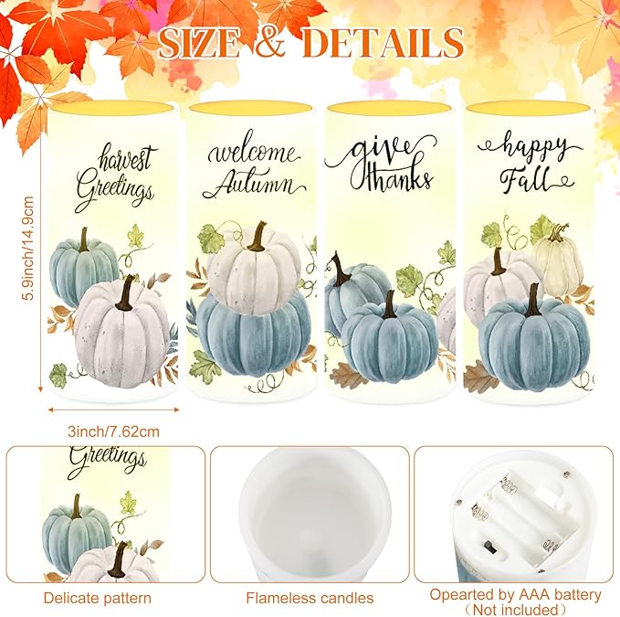 Tiamon 4 Pack Fall Led Candles with Remote - Blue Pumpkin Flameless Candles - Autumn Battery Operated - Warm Light Flickering - Harvest, Thanksgiving Table Decorations, Gift