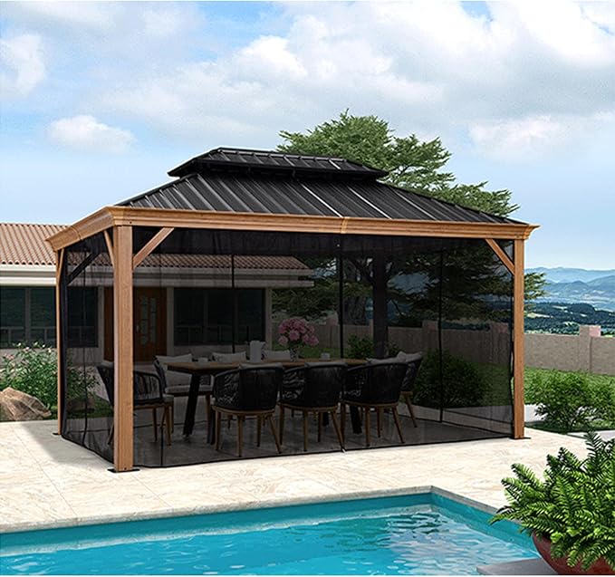 10' x 12' Gazebo Universal Replacement Mosquito Netting,Black Outdoor Canopy Net Screen 4-Panel Sidewall Curtain, with Zippers,Mosquito Netting（Only）
