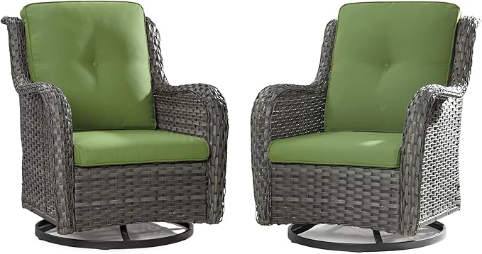 Outdoor Swivel Rocker Patio Chairs Set of 2 - Outdoor Wicker Swivel Glider Chairs 2 Pieces with Olefin Fabric Cushions Suitable for Backyard Deck and Porch(Mixed Grey/Green)