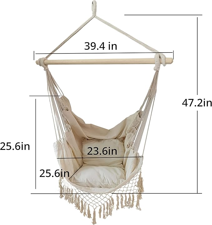 ALEKO Hanging Rope Swing Hammock Chair with Side Pocket and Wooden Spreader Bar, 2 Cushions and Hardware Kits Included, Max 440 Lbs Ivory HC01