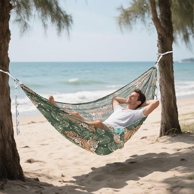 Camping Hammock Outdoor Hammocks for Outside Tiger Palm Leaf Green Beach Trees Portable Lightweight with Pockets Tree Straps Indoor