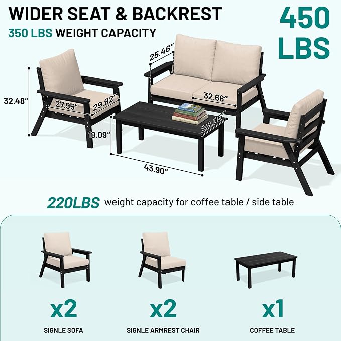PLUUV 7-Piece Outdoor Patio Furniture Set, HDPE All-Weather Sectional Sofa Set with Thick Cushions, Modular Conversation Set for Deck, Lawn, Porch, Black Frame with Khaki Cushion