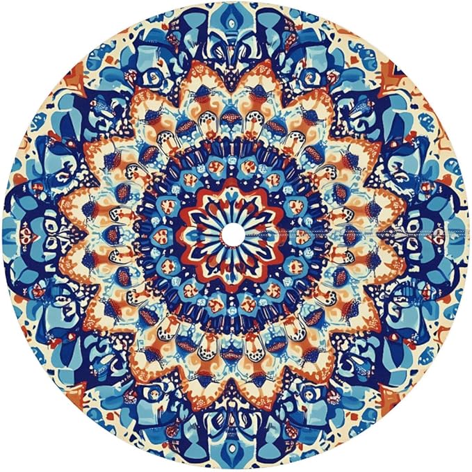 OSAM SPACE Outdoor Tablecloth with Umbrella Hole, Round Elastic Fitted Table Cloth with Invisible Zipper,Colorful Blue Orange Boho Mandala Picnic Patio Table Cover 36-44in