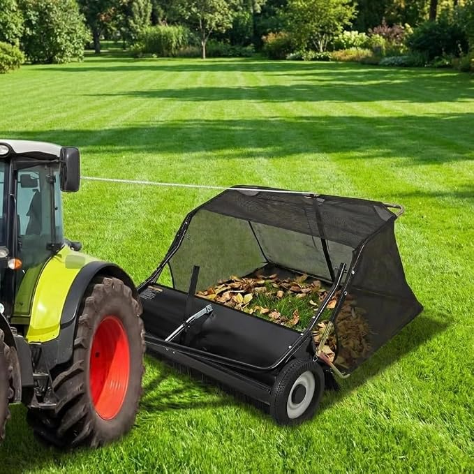 Garvee 48" Tow-Behind Lawn Sweeper – 26 cu.ft. Large-Capacity Pull-Behind Grass & Leaf Collector, Heavy-Duty Adjustable Height, Dumping Rope Design for Easy Debris Disposal, Fits Tractors & ATVs