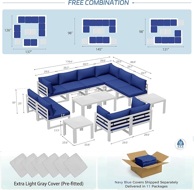 NICESOUL 14 Piece Extra Large Contemporary Aluminum Outdoor Furniture Set with End Table 29" Deep Wide Couch Set, 500 lbs High Weight Capacity Modular Patio Sectional Sofa for Poolside Deck, Navy Blue