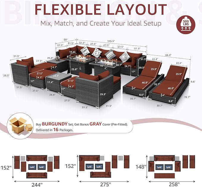NICESOUL 18 Piece Outdoor Patio Furniture Set with Fire Pit and Chaise Lounge, Luxurious Modular Wicker Woven Patio Sets Couch and Loungers, 14-Seats Outdoor Seating Sectional Sturdy, Grey&Burgundy