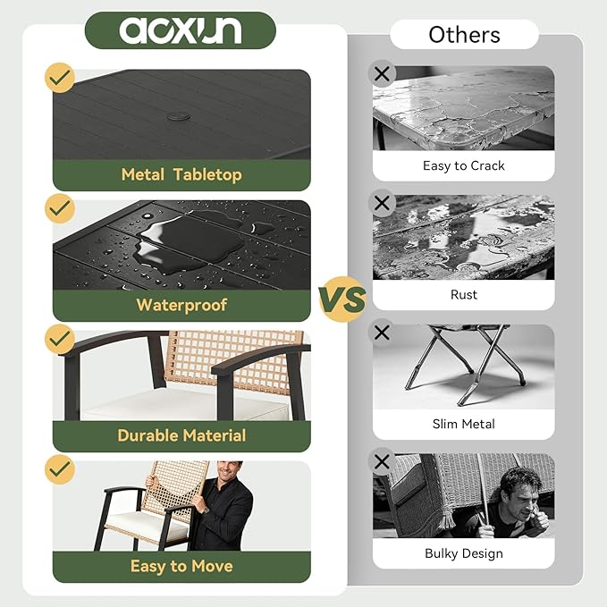 Aoxun 7-Piece Patio Table and Chairs Set for 6 with Umbrella Hole, Outdoor Dining Set with 6 Wicker Chairs and 1 Rectangular Metal Table, Patio Dining Sets with Soft Cushion for Backyard, Garden